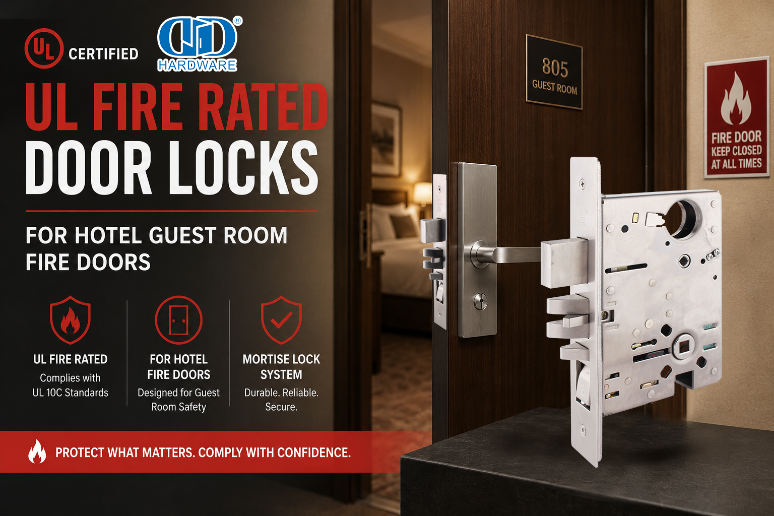UL Fire Rated Door Locks for Hotel Guest Room Fire Doors أقفال أبواب مقاومة للحريق من UL لأبواب النار في غرف الضيوف بالفندق