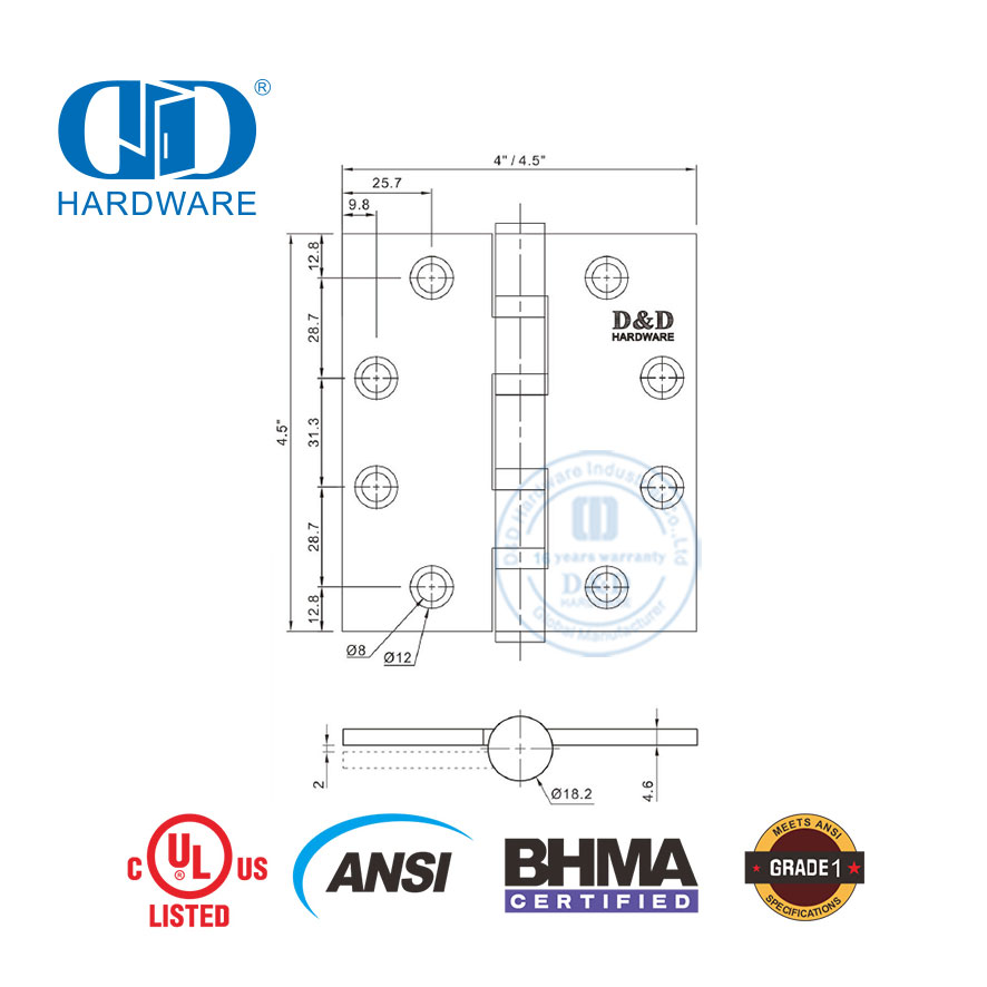 الباب الخارجي من الفولاذ المقاوم للصدأ BHMA ANSI Grade 1 المفصلي شديد التحمل-DDSS001-ANSI-1-4.5x4.5x4.6mm