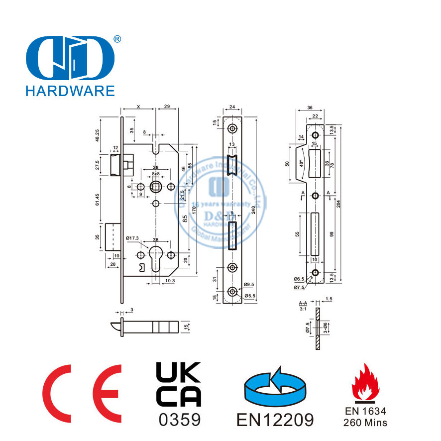 CE EN 12209 قفل وشاح الباب ذو الدوران المزدوج المقاوم للحريق-DDML026-4585-SSS