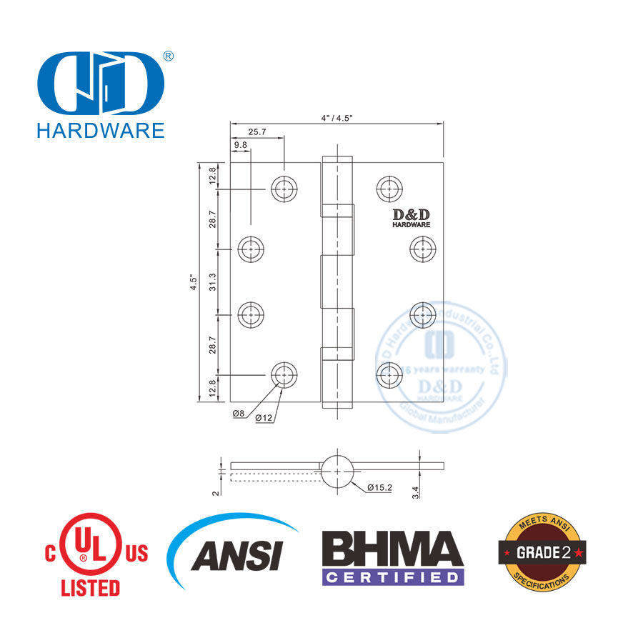 BHMA ANSI الصف 2 مفصل الباب الخارجي المقاوم للحريق للمباني التجارية-DDSS001-ANSI-2-4.5x4x3.4mm