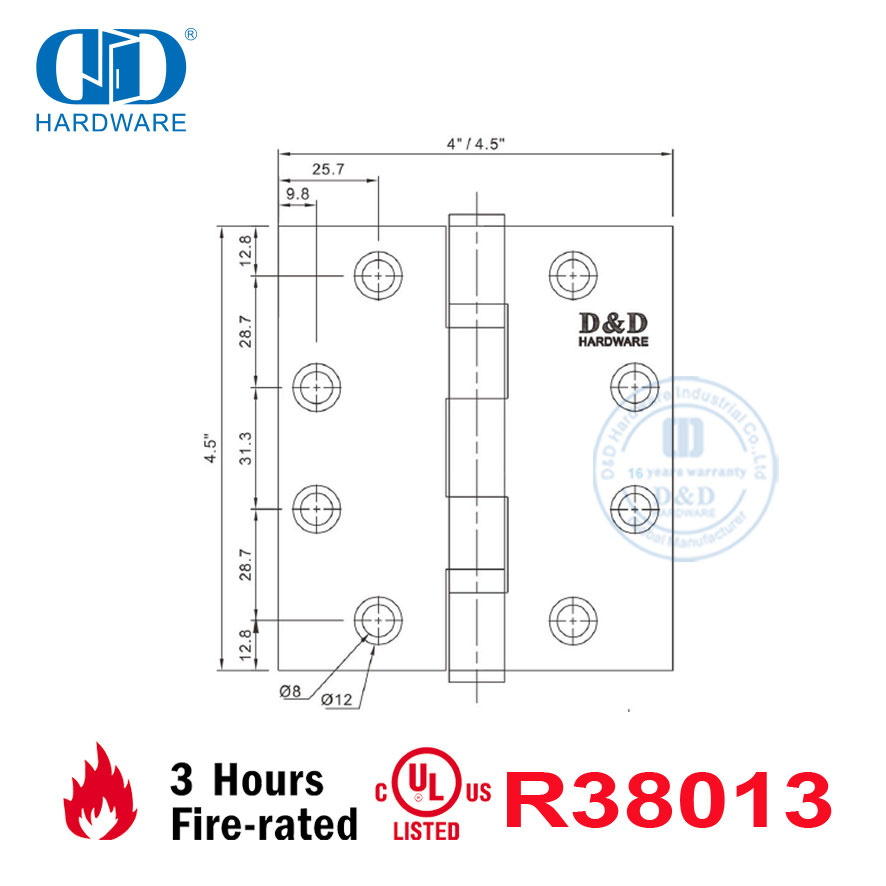 أثاث خزانة مطبخ نافذة مخصص مقاوم للحريق من الفولاذ المقاوم للصدأ UL BHMA شهادة باب مكتب الفندق الأمريكي المفصلي-DDSS002-FR-4.5X4X3.4mm