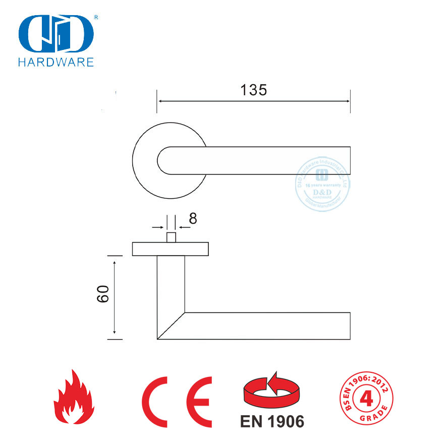 BS EN 1906 أجهزة قفل الباب ذات التركيب التجاري، مقابض الأبواب-DDTH003-PVD
