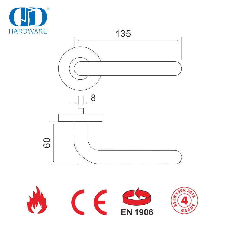 مقبض الباب الخارجي الأمامي على شكل حرف L المعتمد BS EN 1906-DDTH010-SSS