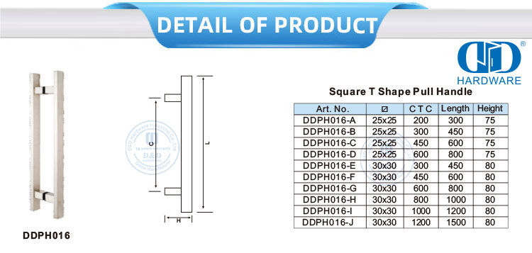 إكسسوارات الأبواب المصنوعة من الفولاذ المقاوم للصدأ، باب زجاجي مربع الشكل على شكل حرف T، مقبض سحب-DDPH016
