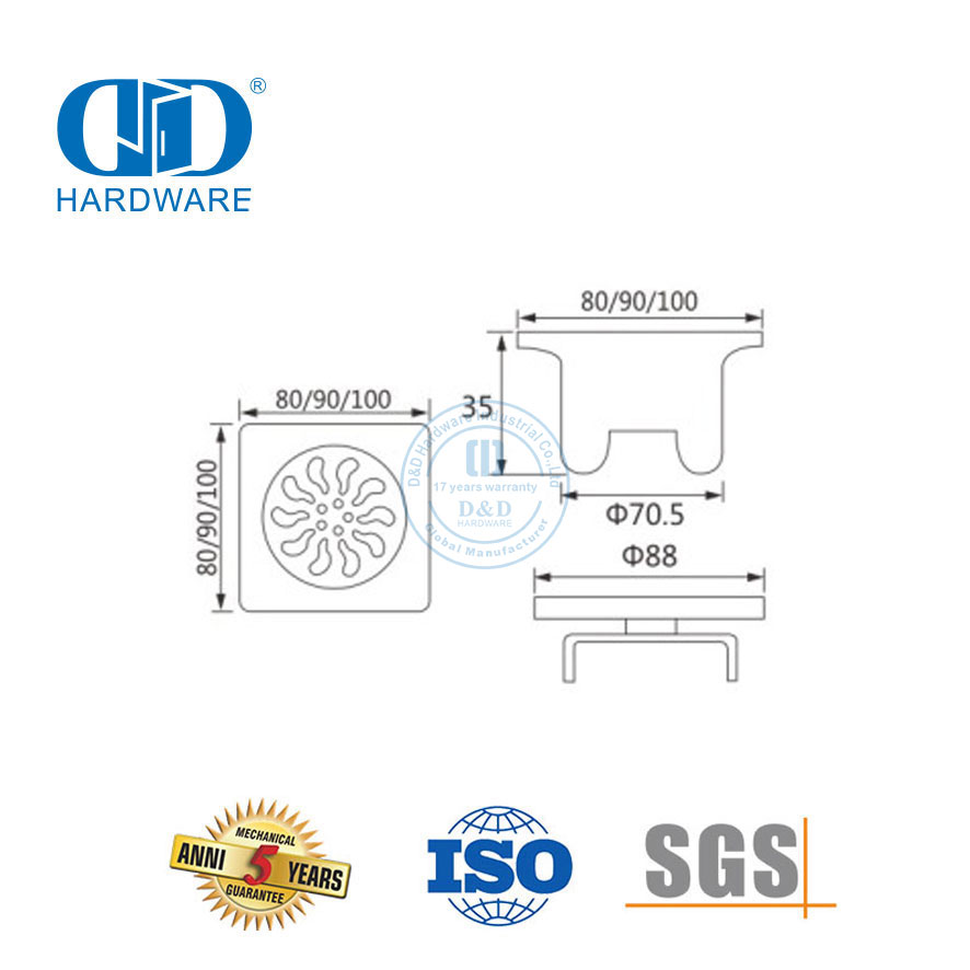 عالية الجودة الفولاذ المقاوم للصدأ الصرف الصحي الطابق مربع استنزاف الحمام Hardware-DDFD006
