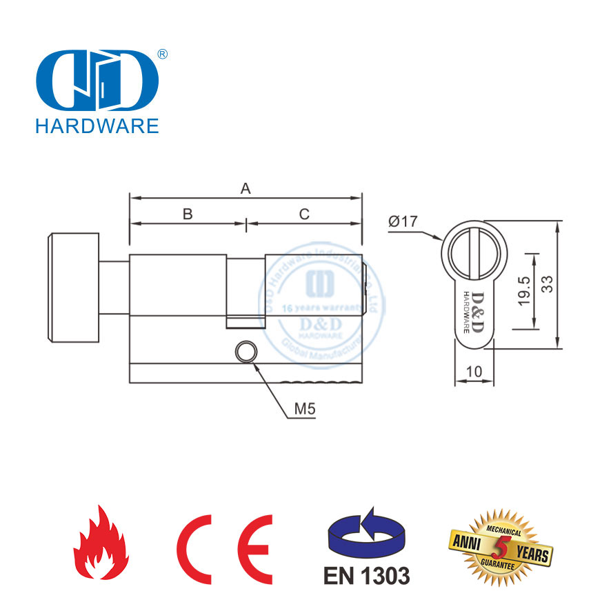 أسطوانة قفل نقر الحمام من النحاس الساتان مع شهادة EN 1303-DDLC007-70mm-SB