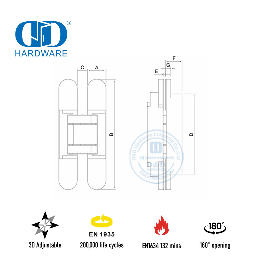 تشطيبات مختلفة من سبائك الزنك ثلاثية الأبعاد مخفية وأمان داخلي قابل للتعديل لمفصلات الأبواب-DDCH008-G40