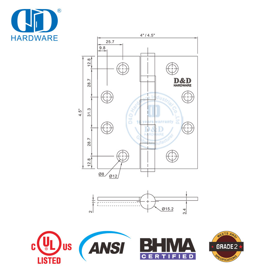 ANSI UL مدرج BHMA تركيب سريع من الفولاذ المقاوم للصدأ مضاد للحريق محمل كروي لأثاث خزانة المطبخ مفصل باب-DDSS001-ANSI-2-4.5x4.5x3.4mm