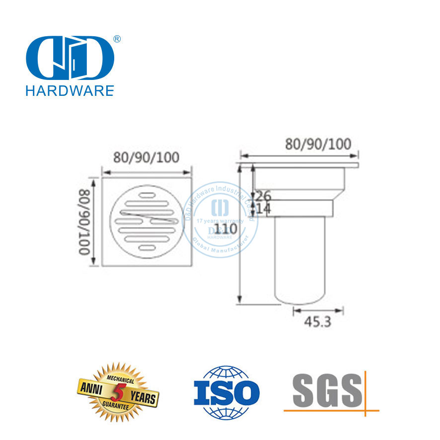 سلامة عالية الفولاذ المقاوم للصدأ مربع الطابق استنزاف الحمام دش استنزاف أجهزة الحمام للباب الزجاجي-DDFD0011