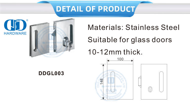 الفولاذ المقاوم للصدأ مربع زجاج انزلاق الباب قفل مفتاح مقبض قفل الباب Fitting-DDGL003