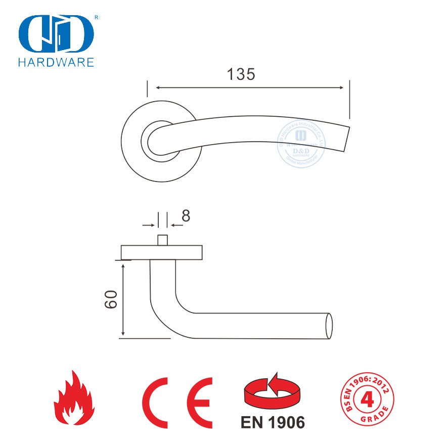 EN 1906 أجهزة باب غرفة النوم من الفولاذ المقاوم للصدأ مقبض ذراع مجوف-DDTH006-SSS